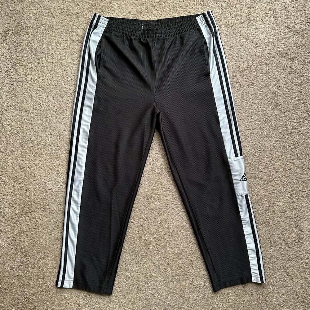 Adidas Joggers Mens Small 34x28 Black White Vtg Fleece Sweatpant Button Ankle